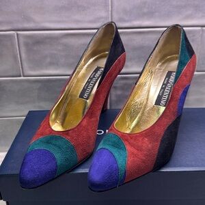 MARIO VALENTINO Beautiful Suede multicolored heels size 7.5 Red, Blue,Green